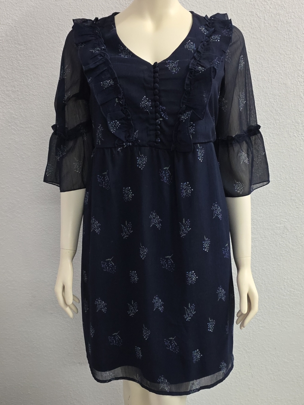 Ellos Ruffle Front Chiffon Dress Navy Blue Size 14.